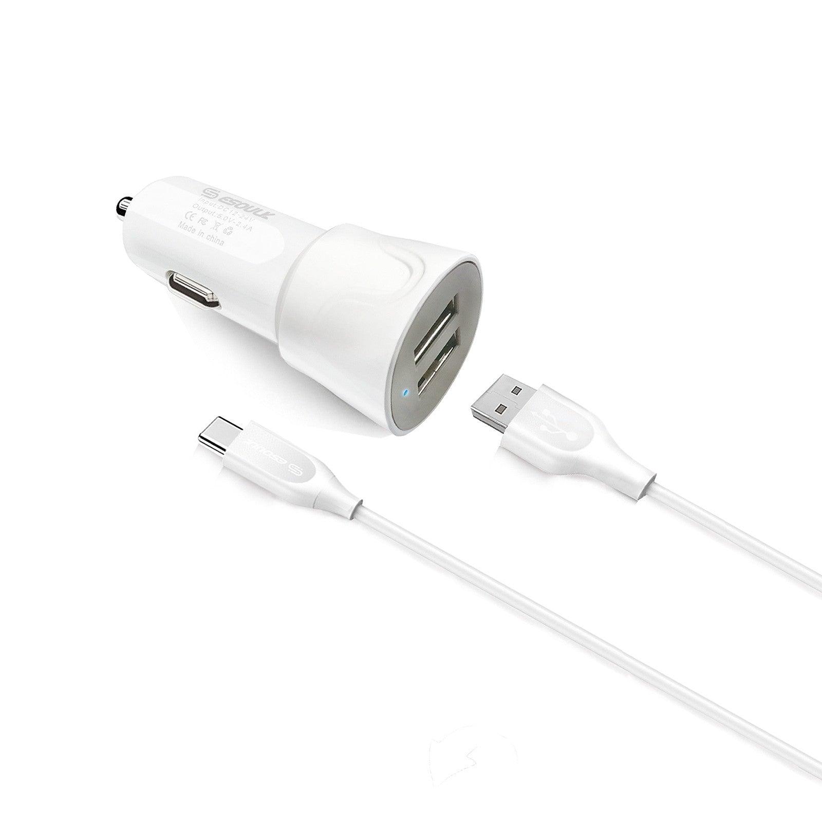 Esoulk  Car Charger Dual USB 2.4A with 5Ft White Cable Type-C EC43P-TCP-WH - Best Cell Phone Parts Distributor in Canada Esoulk  Car Charger Dual USB 2.4A with 5Ft White Cable Type-C EC43P-TCP-WH - Best Cell Phone Parts Distributor in Canada